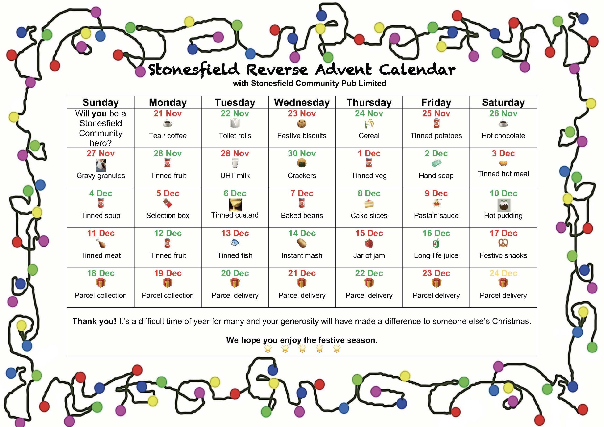 Stonesfield Reverse Advent Calendar 2022 Stonesfield Parish Council